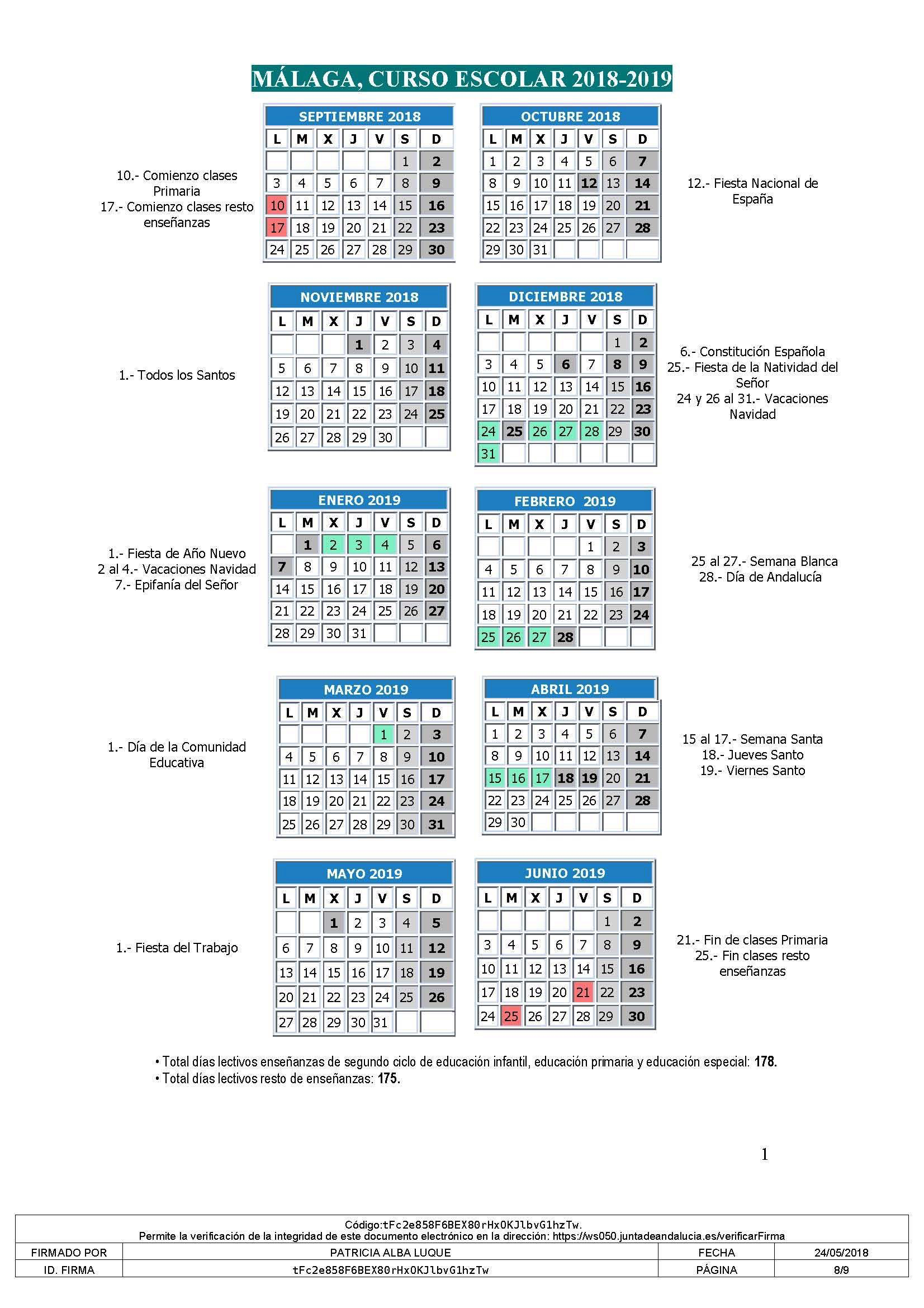 Calendario Escolar Curso 2018/2019